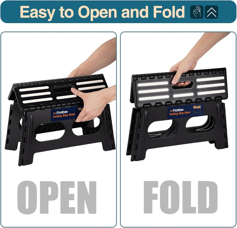 Flottian 9" Folding Step Stool for Adults and Kids 15-Inch Extra Wide Stool Holds Up to 300 lbs,Non-Slip Folding Stools with Handle,Compact Plastic Foldable Step Stool for Bathroom,Kitchen,ect,Black - Image 5